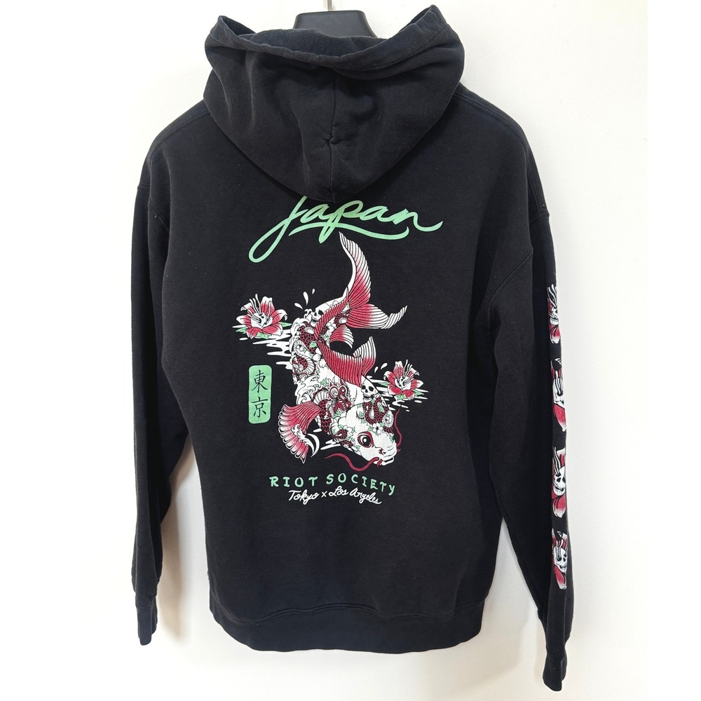 Riot Society Tokyo Japan Koi Fish Skull Graphic Hoodie Black Mens L Streetwear